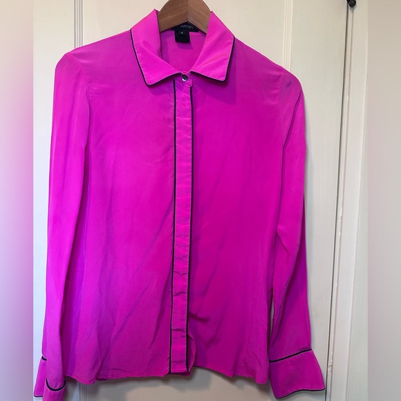 Pink Tartan Tops - Pink Tartan Bright Pink Collared Button Down Shirt with Black Piping, Flowy